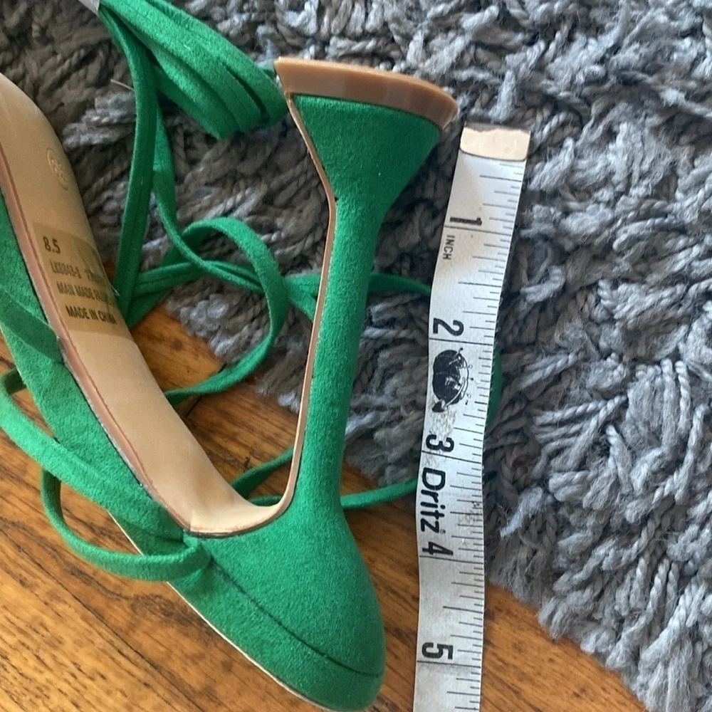 NWOT Fashion Nova Green Faux Suede Pay No Mind Heels Ankle Tie Heels Size 8.5